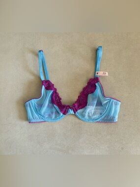 Victoria's Secret Aqua Sheer Bra with Fuchsia Lace Trim
